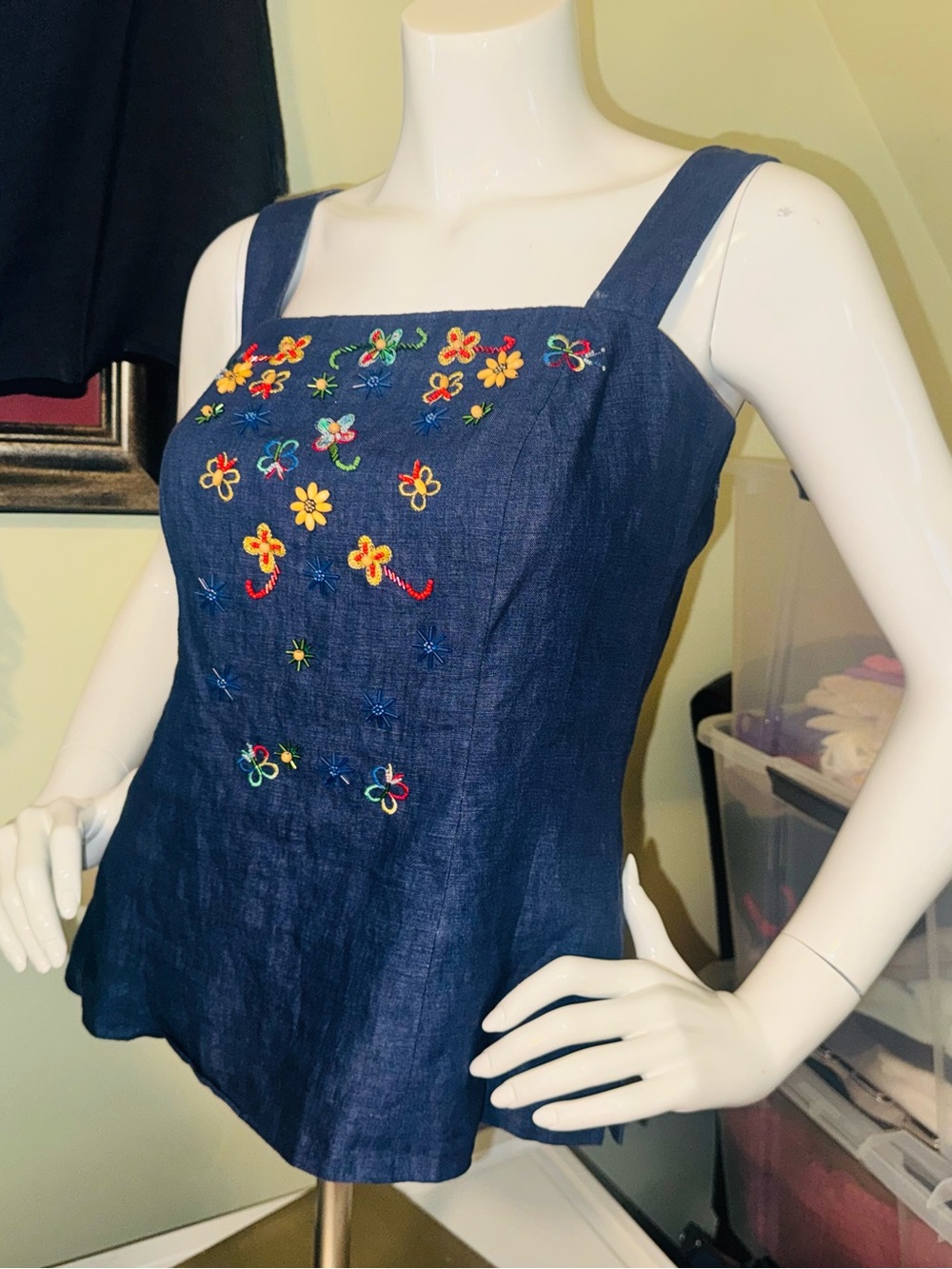 👑 Size 4 Designer Donna Morgan Navy Embroidered Denim Tank Dress - Picture 12 of 16